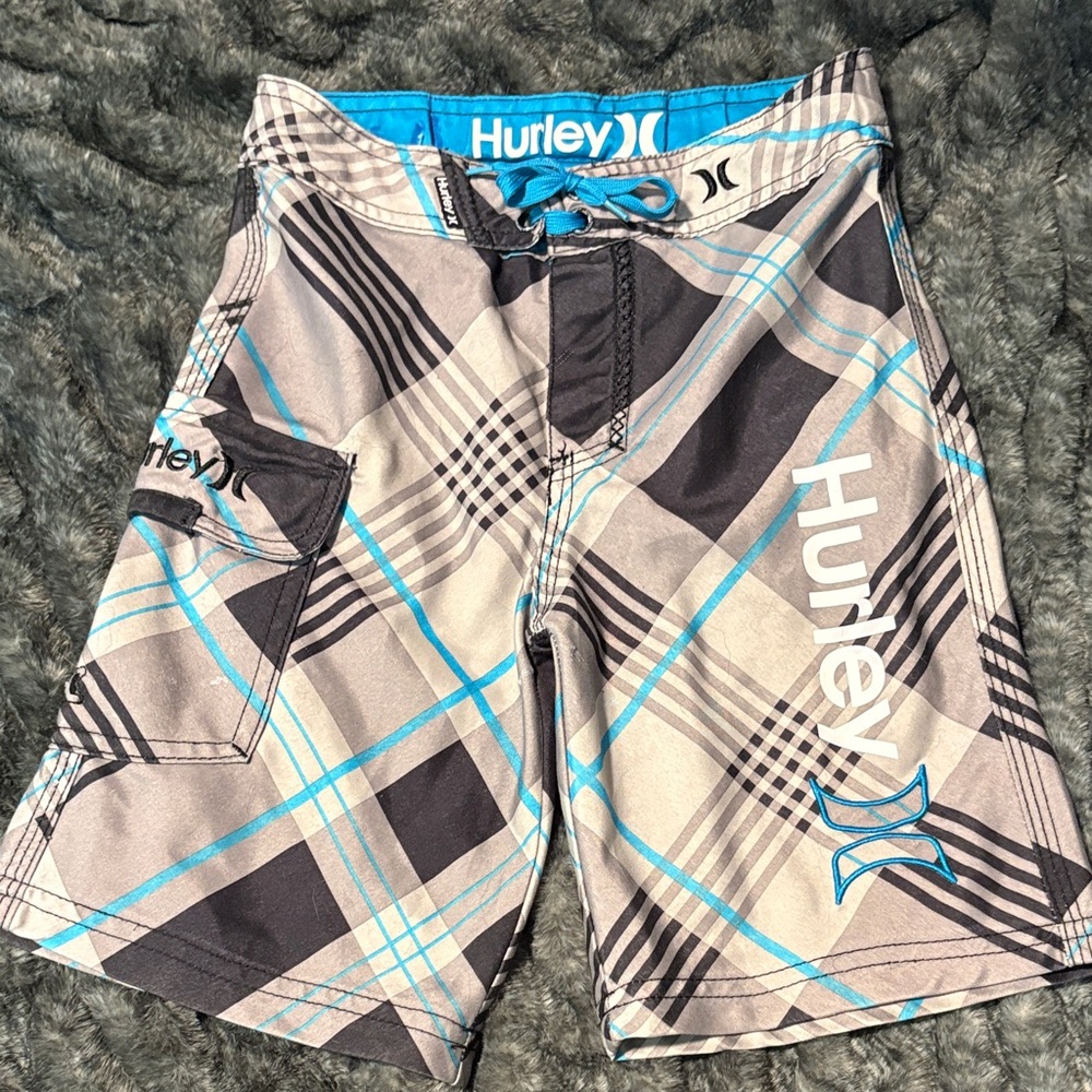 Hurley Gray and Blue Plaid Swim Trunks